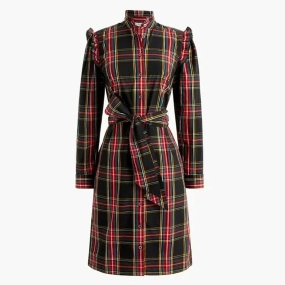 J.Crew Plaid Shirt Dress Size‎ 4P Multicolor Ruffle Trim Belted Preppy Classic